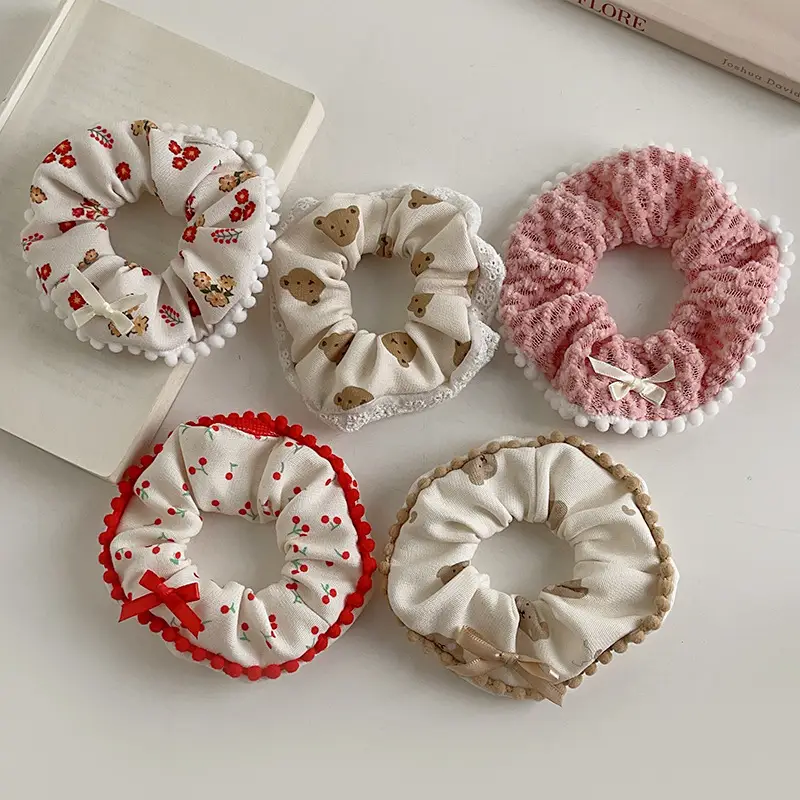 New Autumn Plush Lace Scrunchie Bear Bow Hair Tie for Women — feature 7