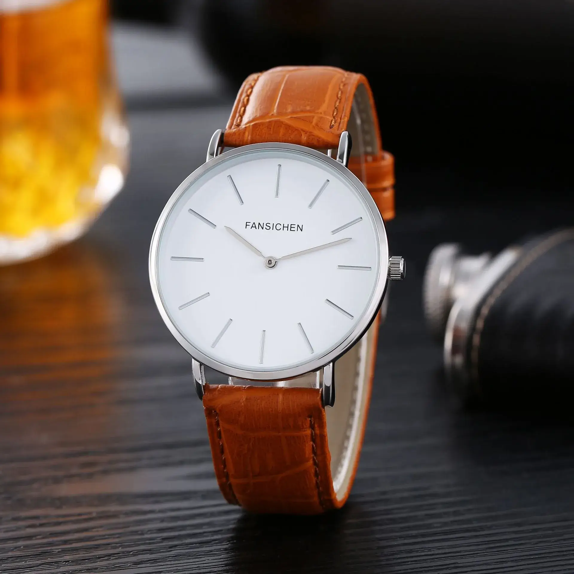 White Quartz Watch with Brown Leather Strap - Image 4