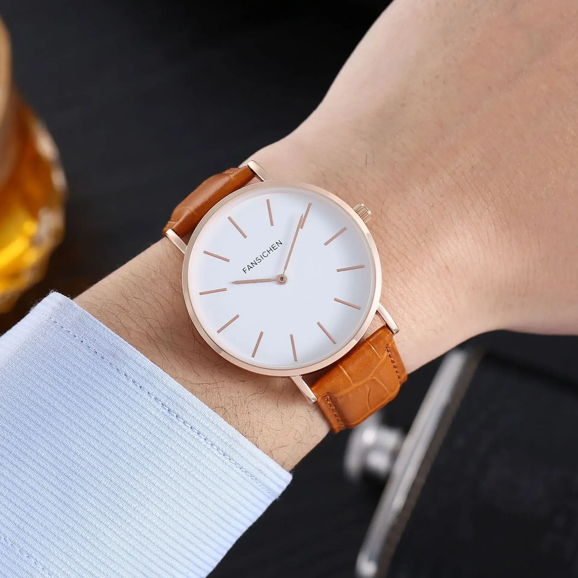 White Quartz Watch with Brown Leather Strap - Image 5