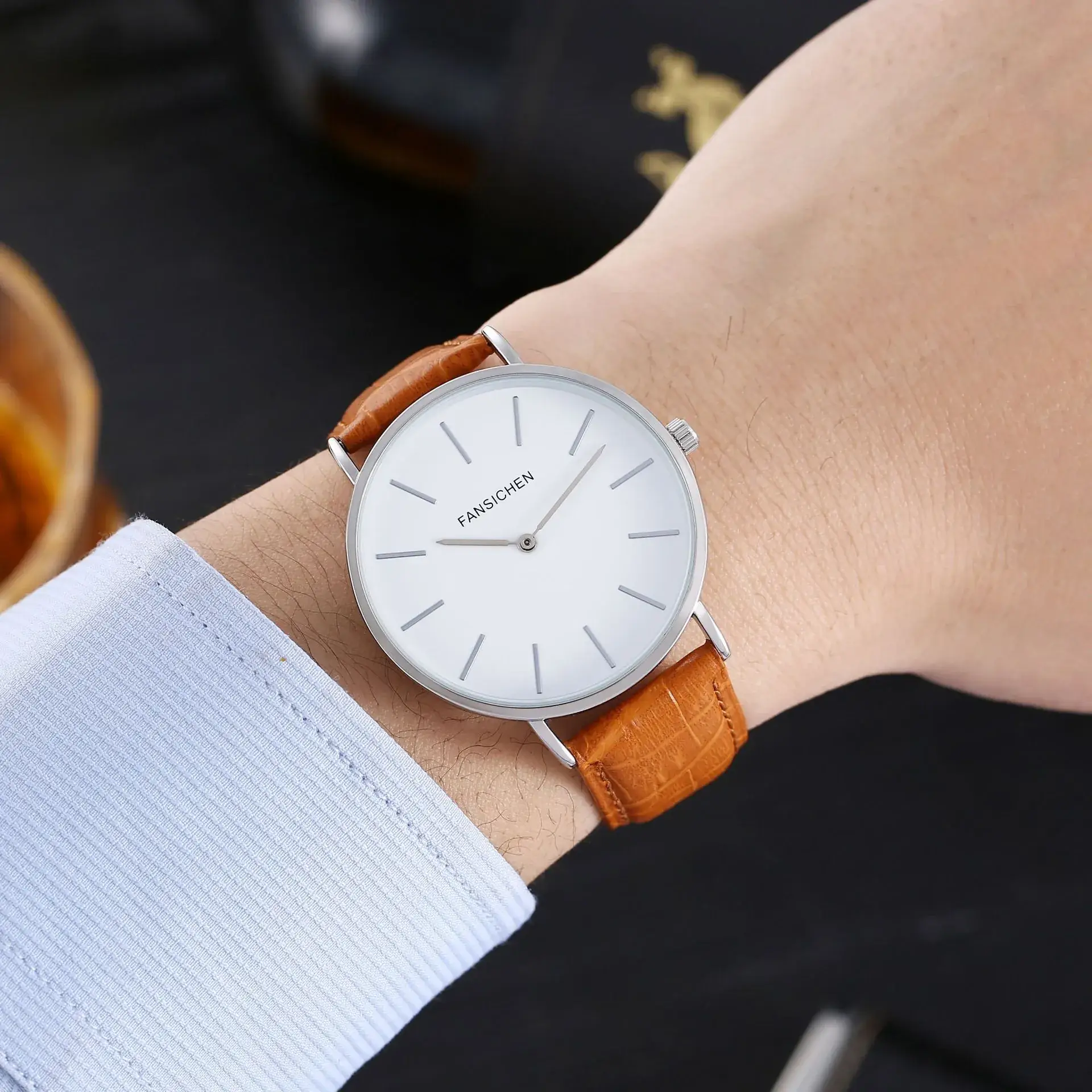 White Quartz Watch with Brown Leather Strap - Image 6
