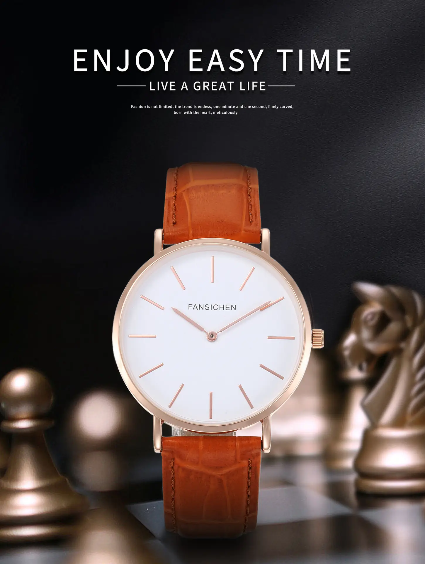 White Quartz Watch with Brown Leather Strap — feature 3