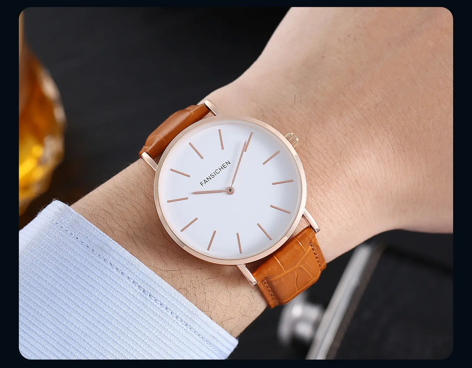 White Quartz Watch with Brown Leather Strap — feature 7