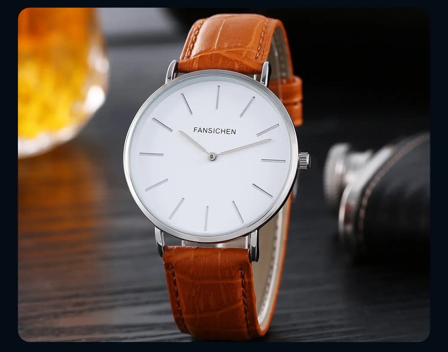 White Quartz Watch with Brown Leather Strap — feature 8