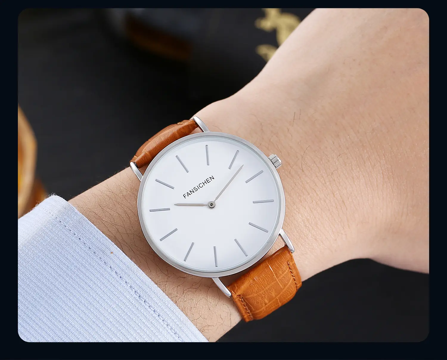 White Quartz Watch with Brown Leather Strap — feature 9