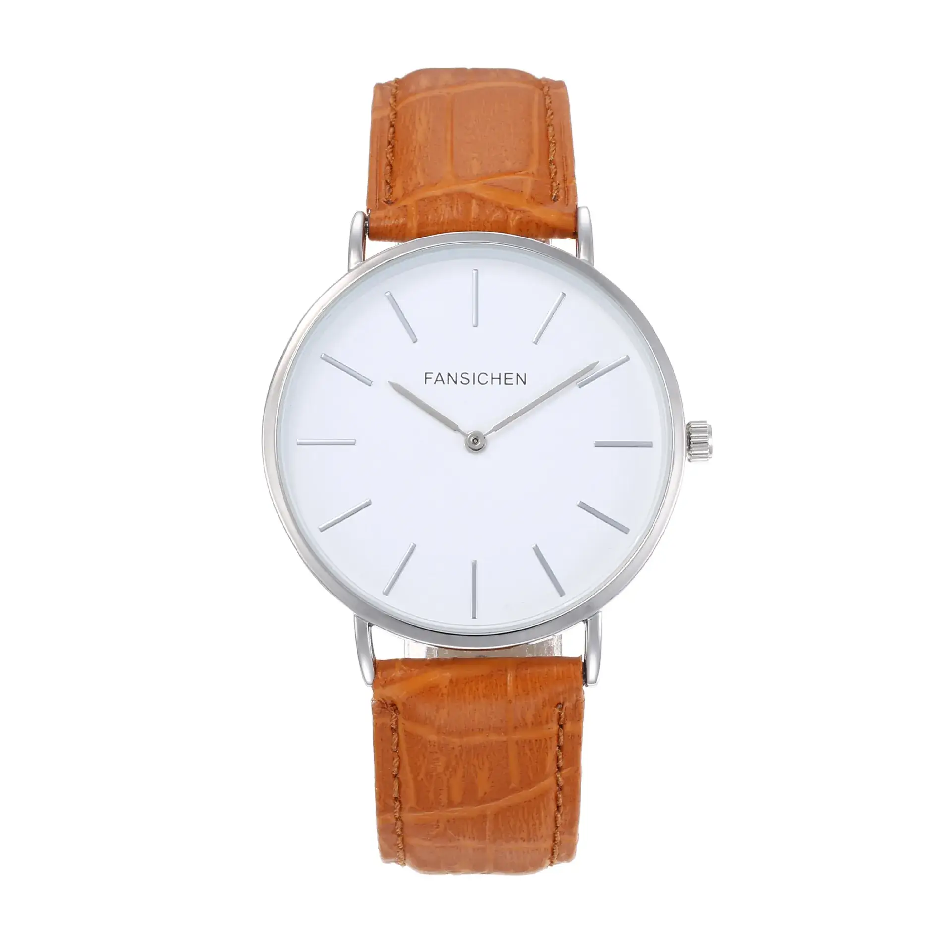 White Quartz Watch with Brown Leather Strap - Image 2