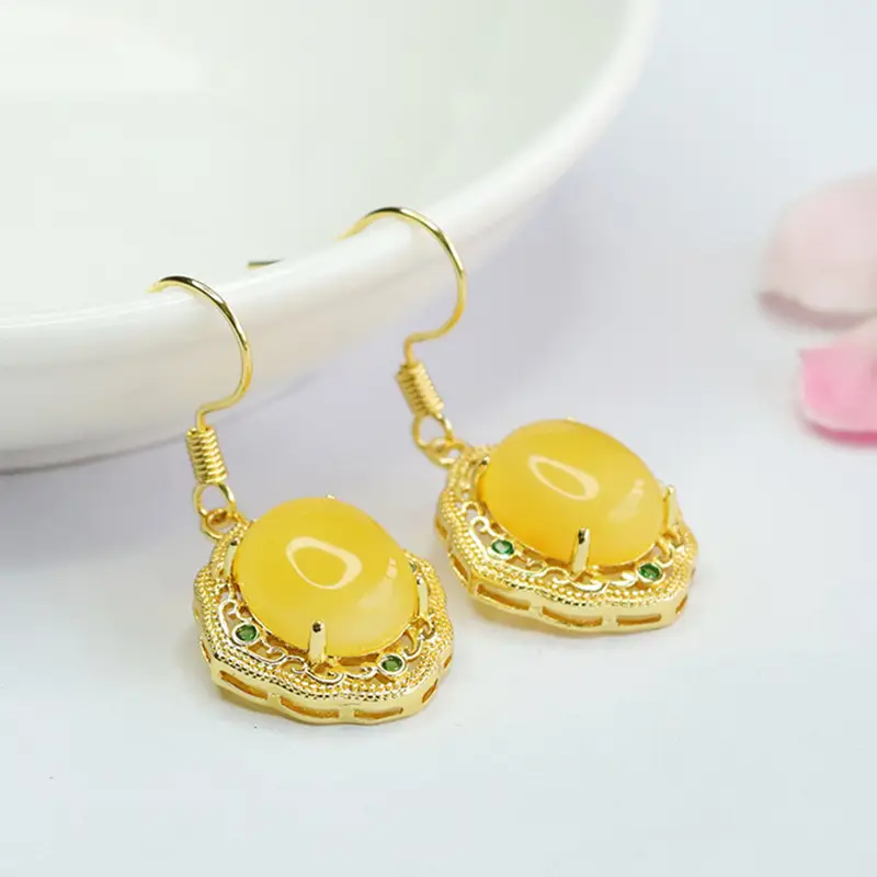 Guan Yu Yellow Amber Drop Earrings Gold Plated