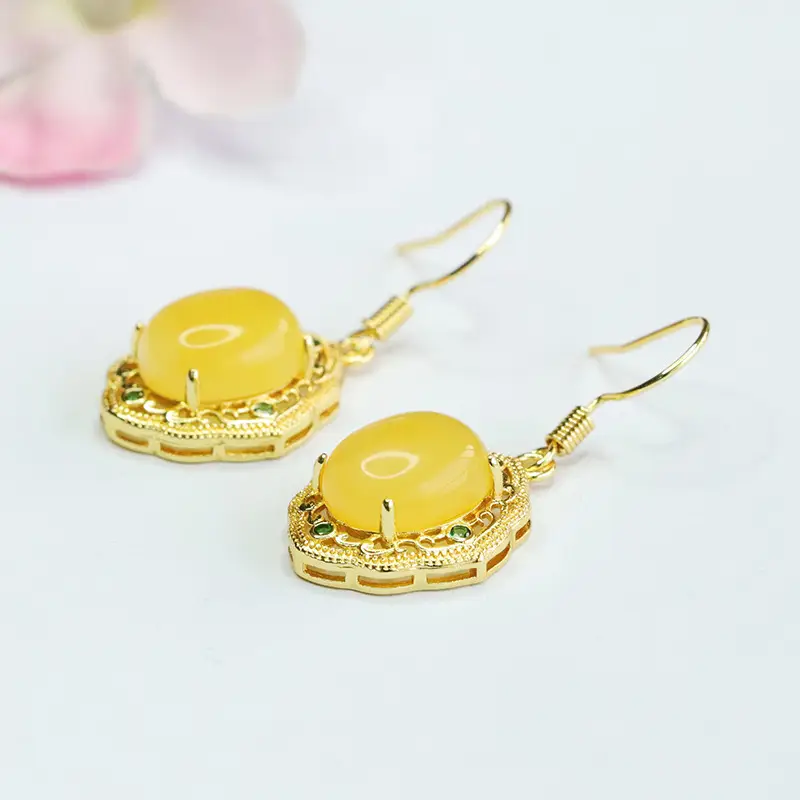 Guan Yu Yellow Amber Drop Earrings Gold Plated