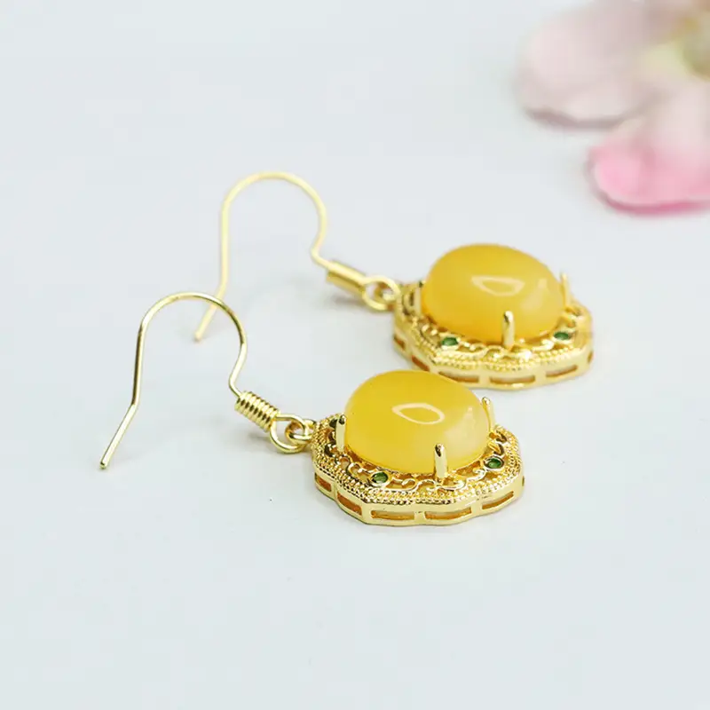 Guan Yu Yellow Amber Drop Earrings Gold Plated