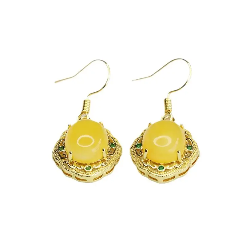 Guan Yu Yellow Amber Drop Earrings Gold Plated