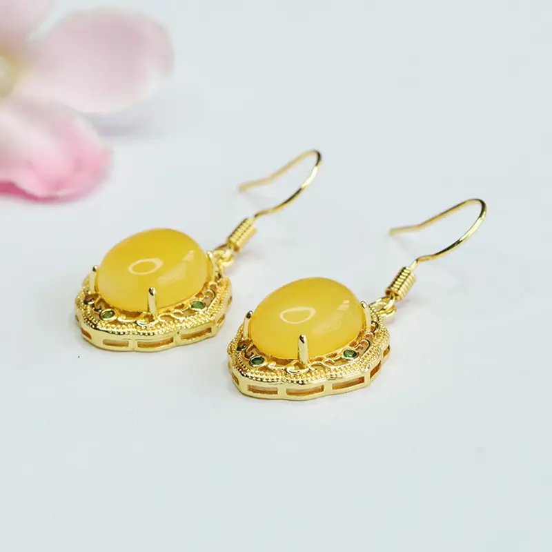 Guan Yu Yellow Amber Drop Earrings Gold Plated — feature 5
