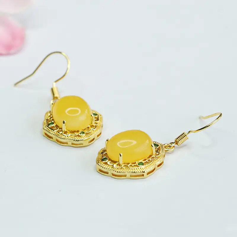 Guan Yu Yellow Amber Drop Earrings Gold Plated — feature 7