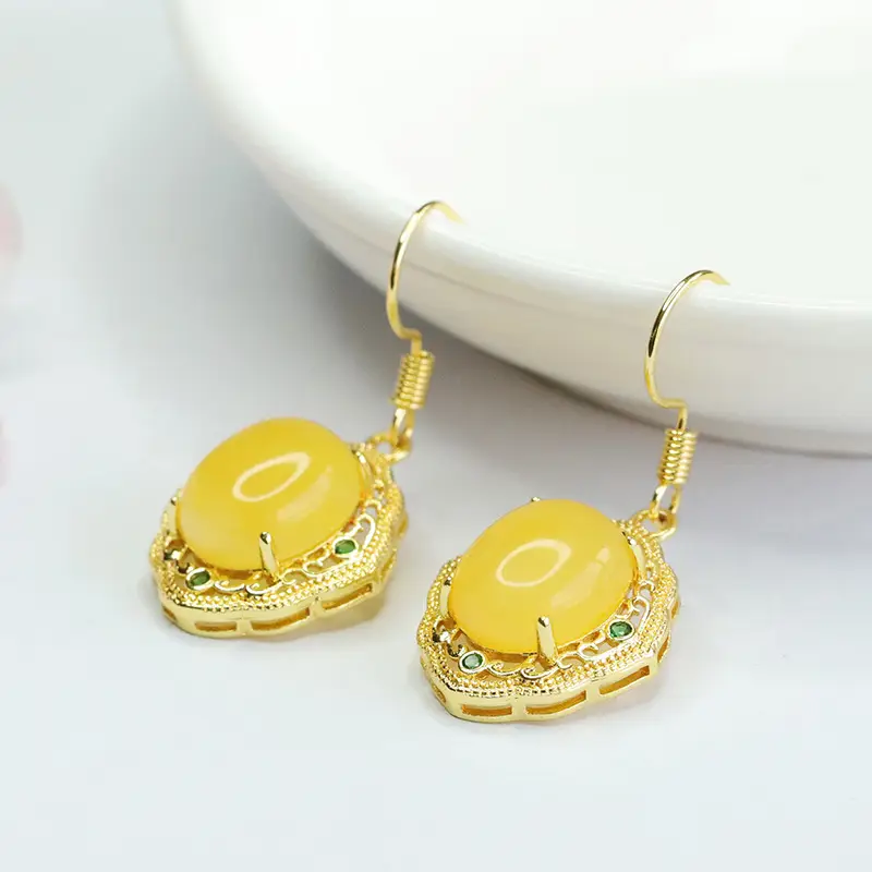 Guan Yu Yellow Amber Drop Earrings Gold Plated — feature 9