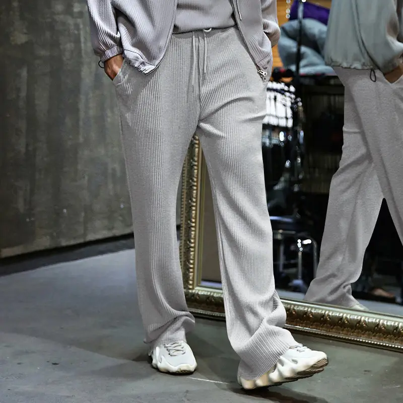 Men's Green Jacquard Wide Leg Pants Drawstring Casual — feature 12