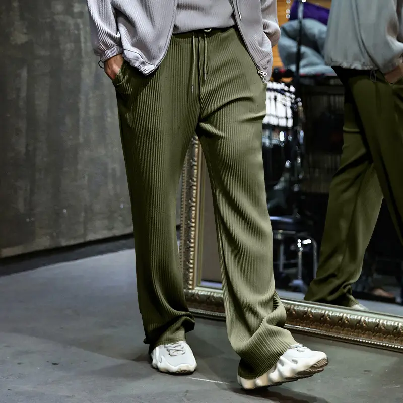 Men's Green Jacquard Wide Leg Pants Drawstring Casual — feature 26