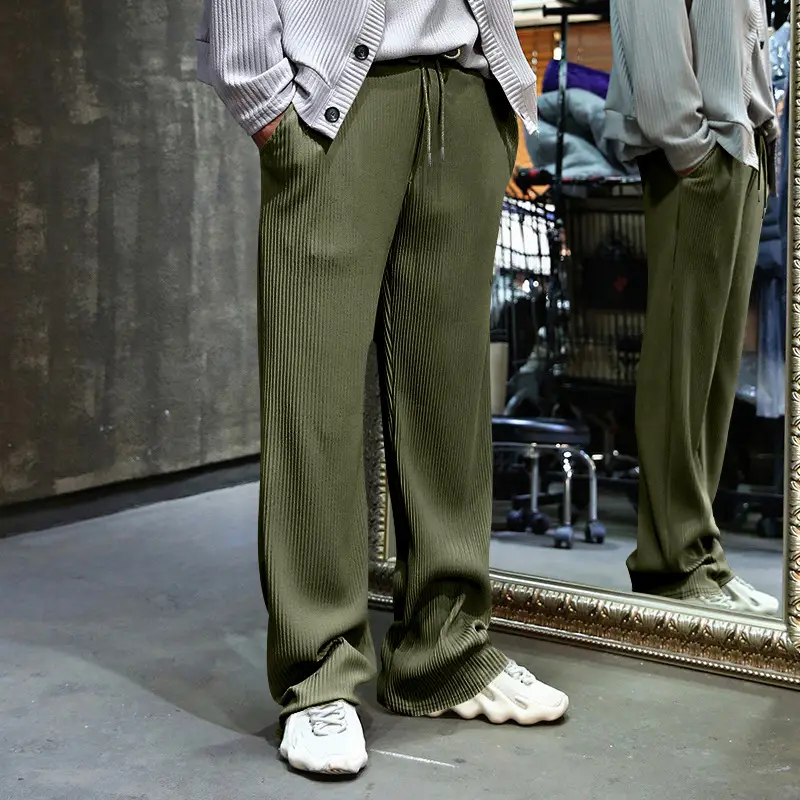 Men's Green Jacquard Wide Leg Pants Drawstring Casual — feature 27