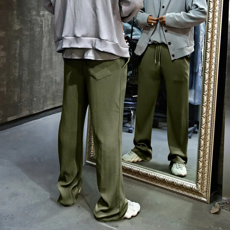 Men's Green Jacquard Wide Leg Pants Drawstring Casual — feature 29
