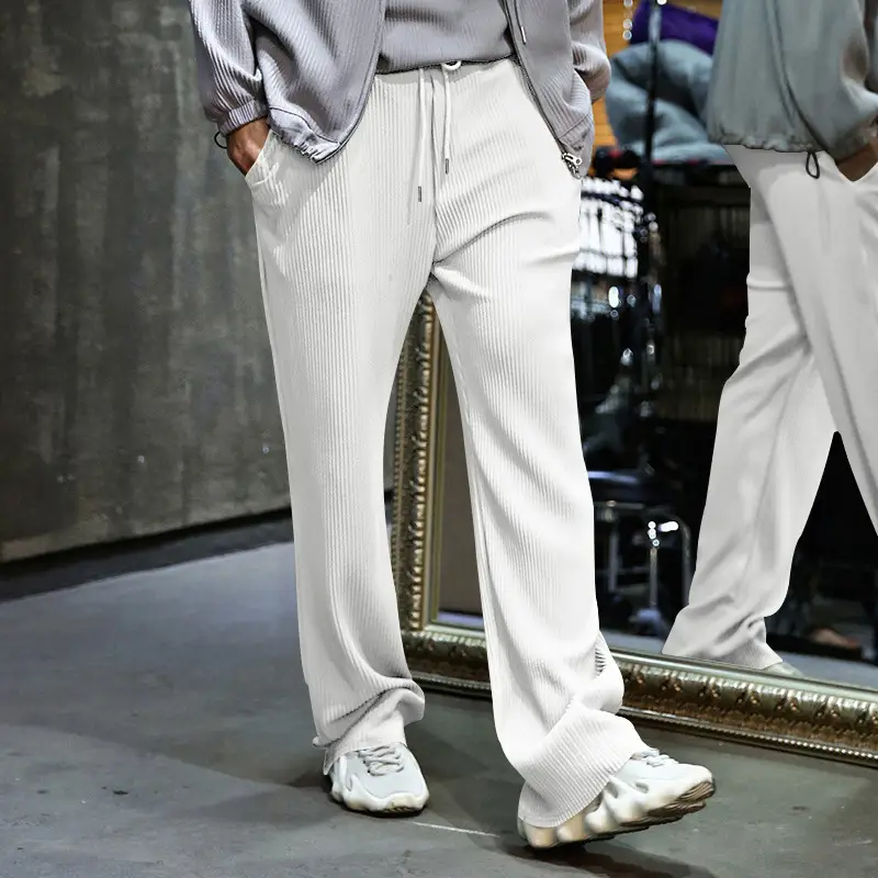 Men's Green Jacquard Wide Leg Pants Drawstring Casual - Image 6