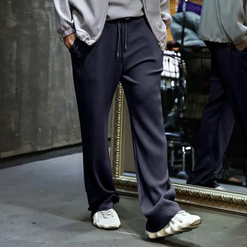 Men's Green Jacquard Wide Leg Pants Drawstring Casual - Image 7