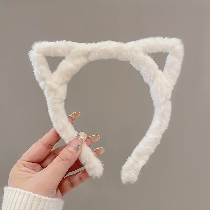Cute Cat Ears Headband for Women Winter Plush White - Image 6