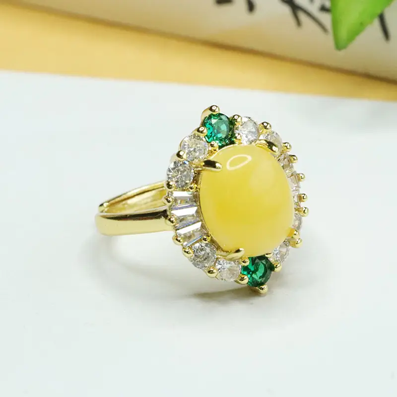 Aiyu Yellow Amber Ring with Green Emeralds - Image 2