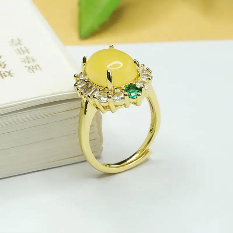 Aiyu Yellow Amber Ring with Green Emeralds - Image 4