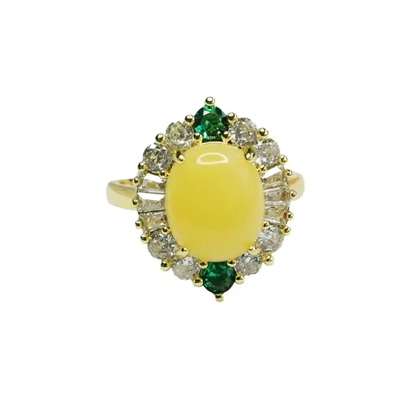 Aiyu Yellow Amber Ring with Green Emeralds - Image 5