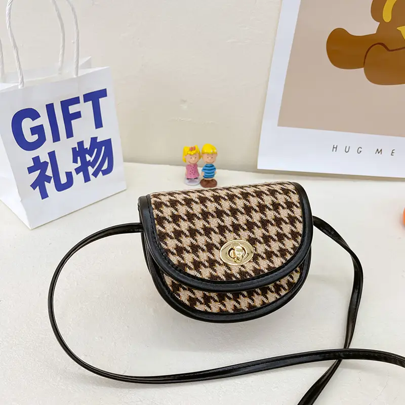 Girls' Houndstooth Crossbody Bag Black White Korean Style