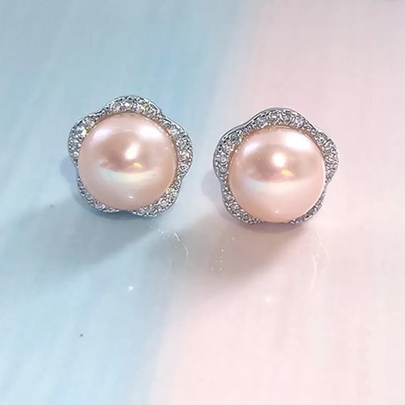 Natural Pearl Earrings Five-Petal Lilac Zircon Micro Set - Image 4