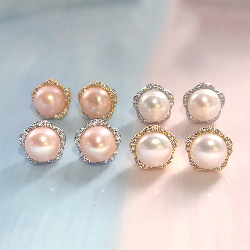 Natural Pearl Earrings Five-Petal Lilac Zircon Micro Set - Image 6