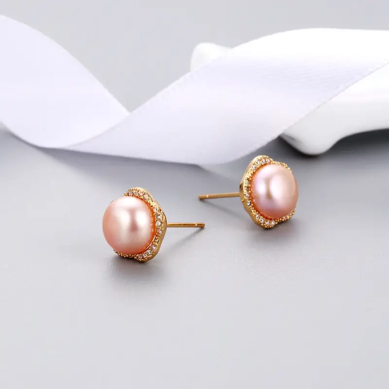 Natural Pearl Earrings Five-Petal Lilac Zircon Micro Set — feature 12