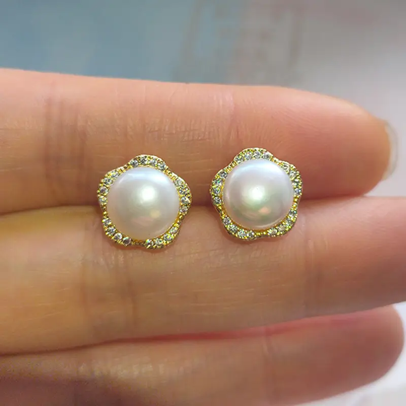 Natural Pearl Earrings Five-Petal Lilac Zircon Micro Set — feature 14