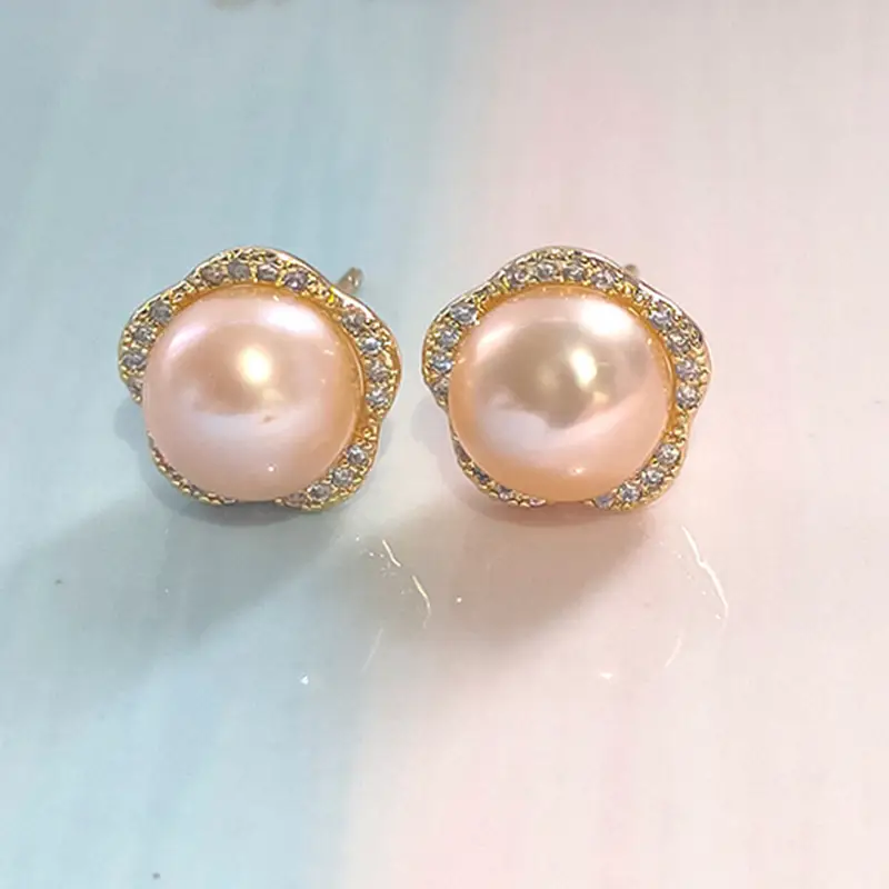 Natural Pearl Earrings Five-Petal Lilac Zircon Micro Set - Image 2