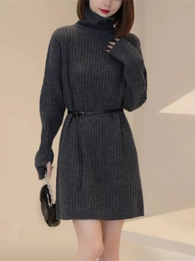 Women Turtleneck Belted Knit Dress Mid Length 2025 - Image 5