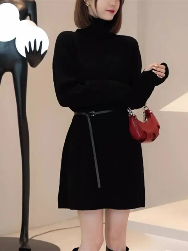Women Turtleneck Belted Knit Dress Mid Length 2025 - Image 6