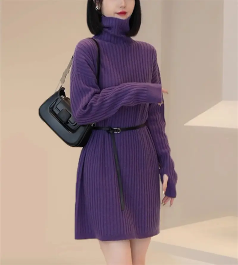 Women Turtleneck Belted Knit Dress Mid Length 2025 — feature 20