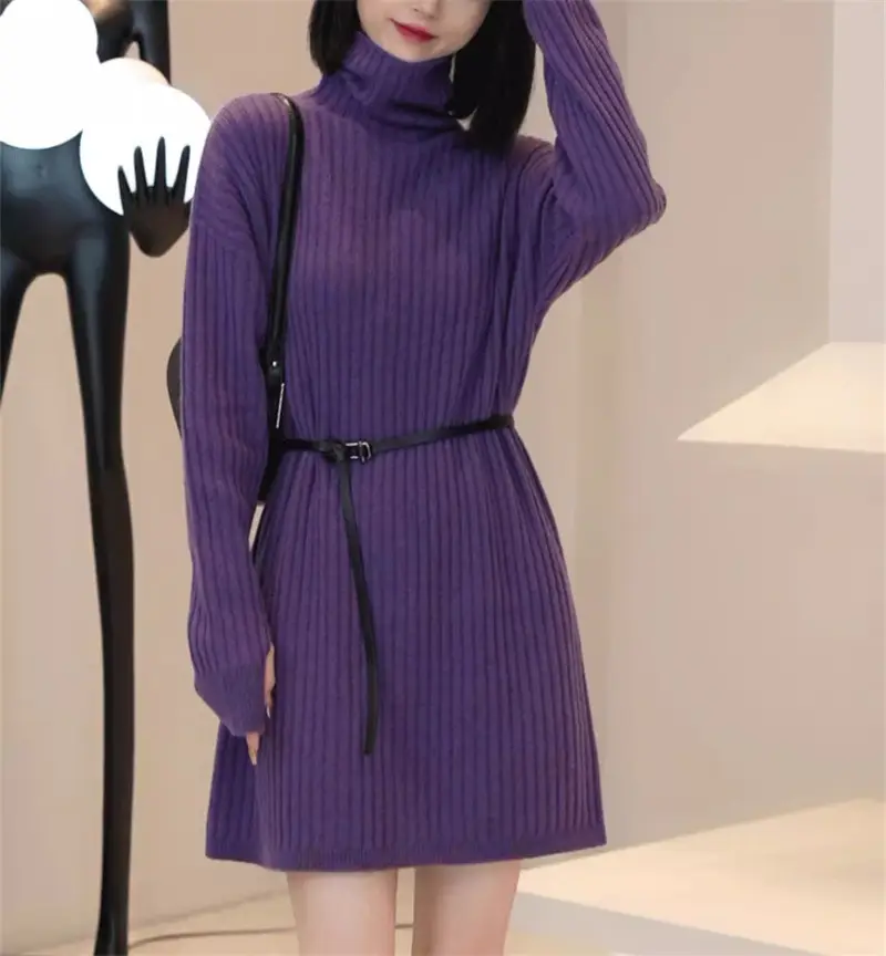 Women Turtleneck Belted Knit Dress Mid Length 2025 — feature 21