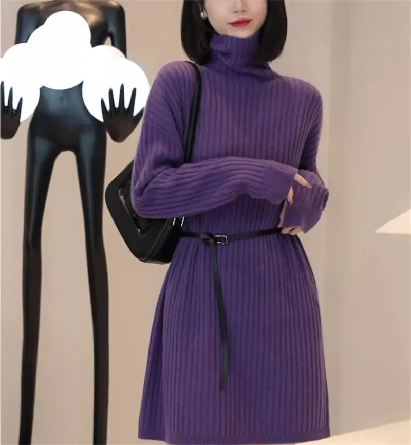 Women Turtleneck Belted Knit Dress Mid Length 2025 — feature 22