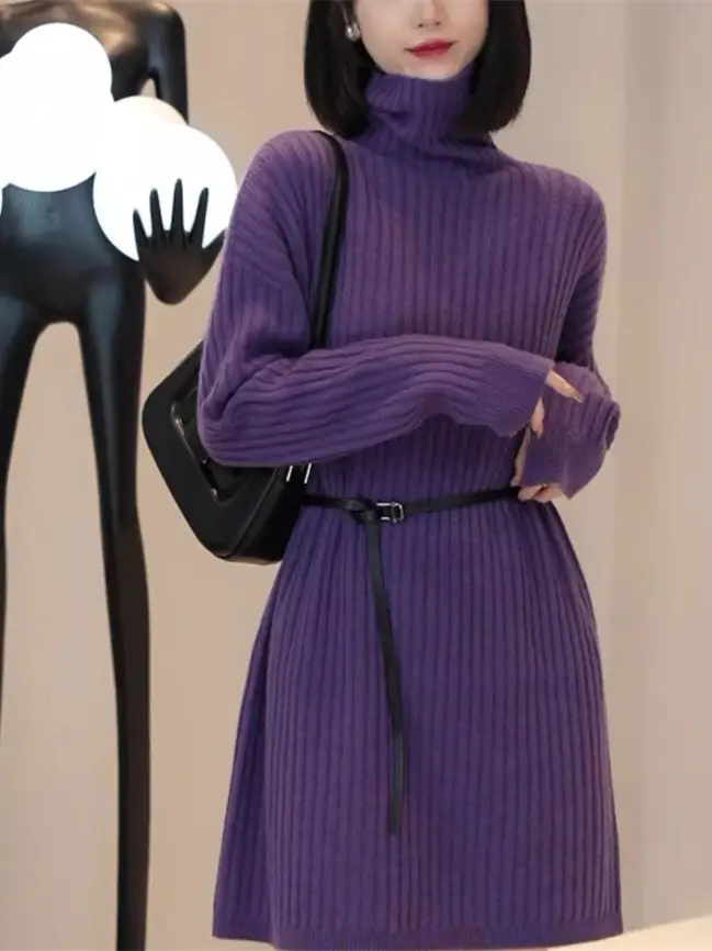 Women Turtleneck Belted Knit Dress Mid Length 2025 — feature 23