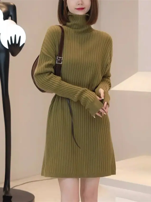 Women Turtleneck Belted Knit Dress Mid Length 2025 — feature 25