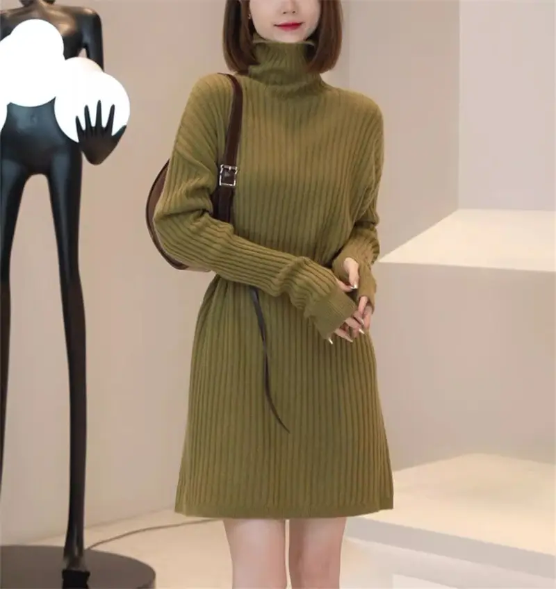 Women Turtleneck Belted Knit Dress Mid Length 2025 — feature 26