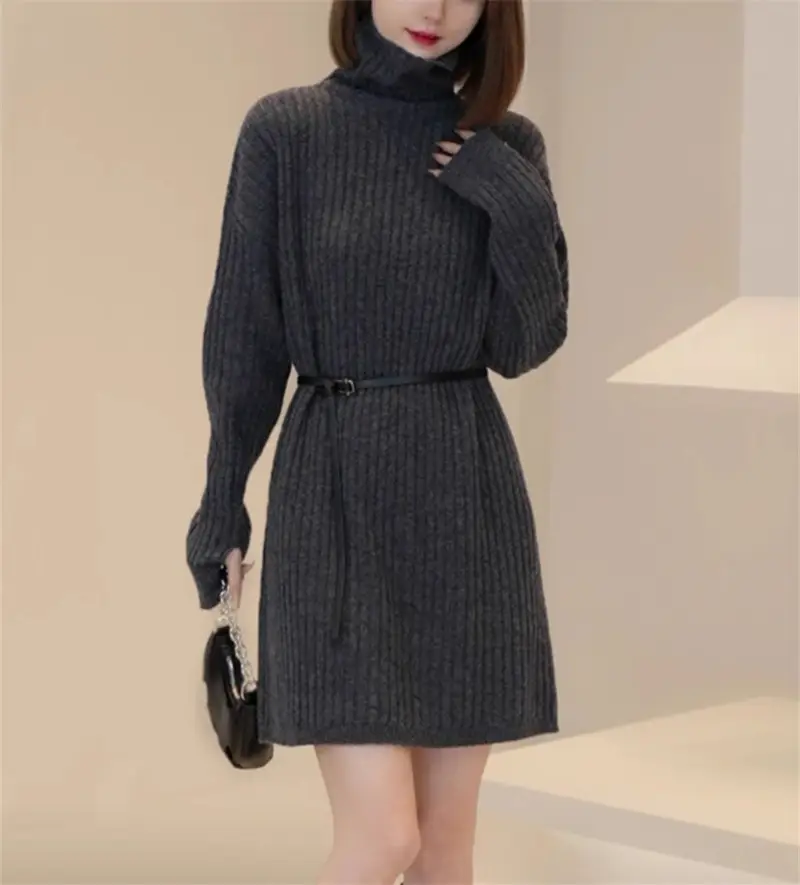 Women Turtleneck Belted Knit Dress Mid Length 2025 — feature 28