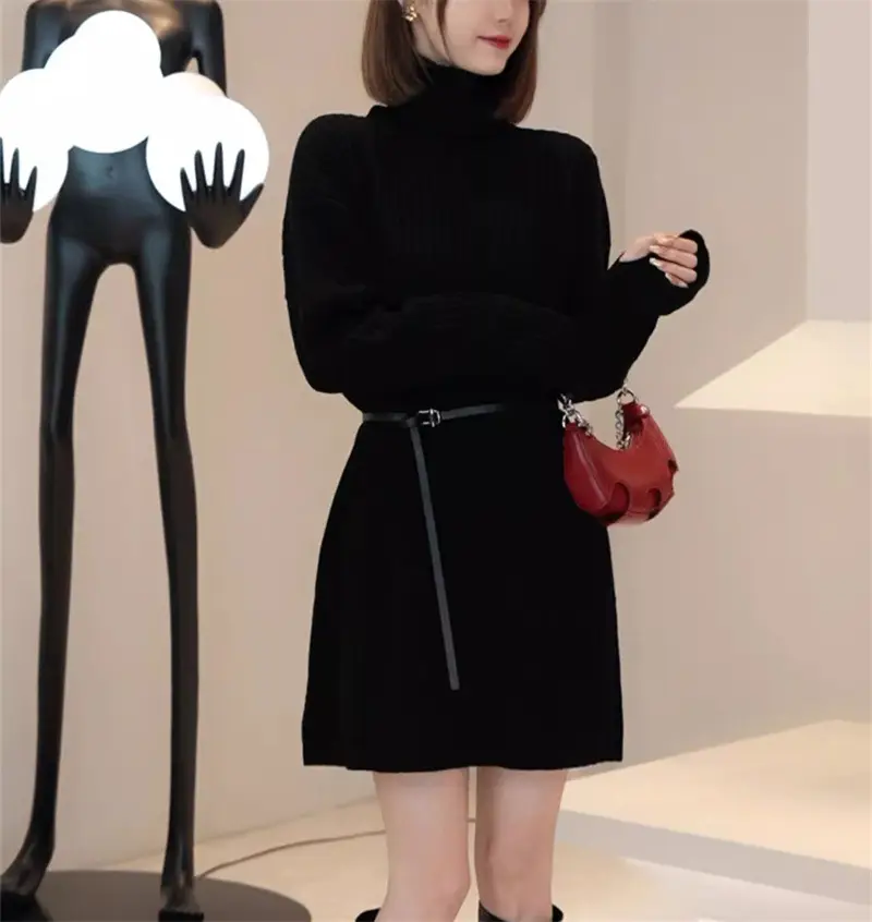 Women Turtleneck Belted Knit Dress Mid Length 2025 — feature 30