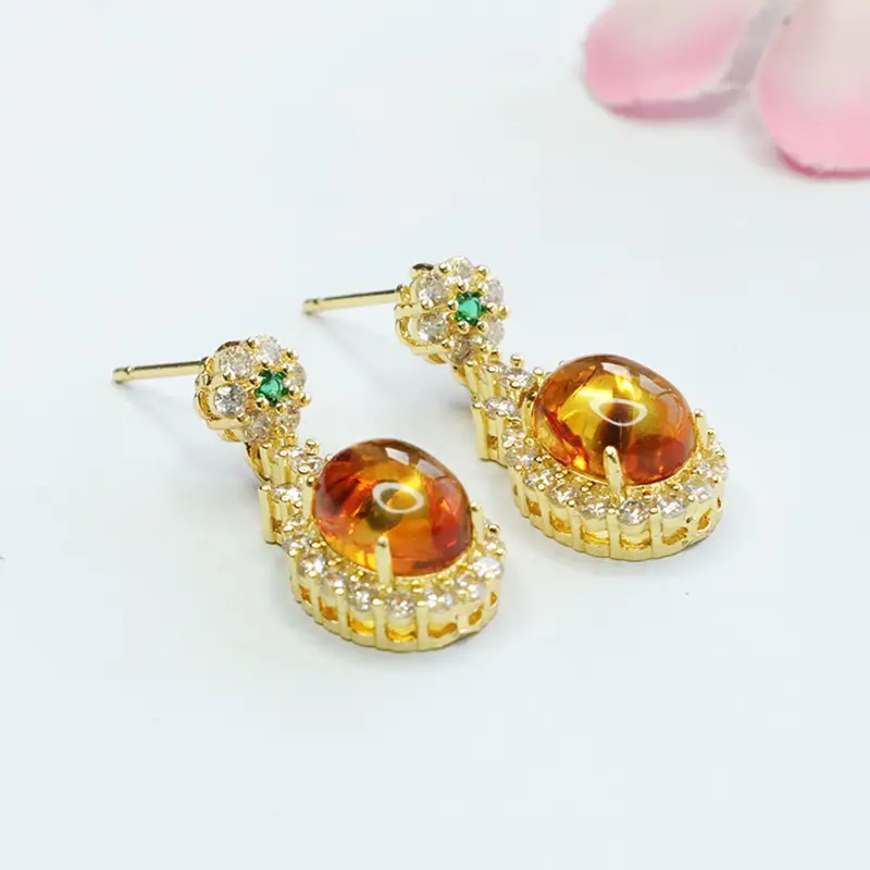 Guan Yu Natural Amber Clover Earrings Drop Earrings - Image 3