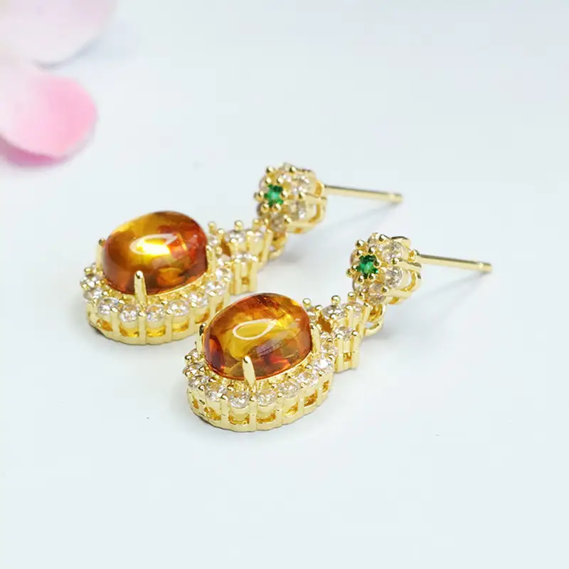 Guan Yu Natural Amber Clover Earrings Drop Earrings - Image 4