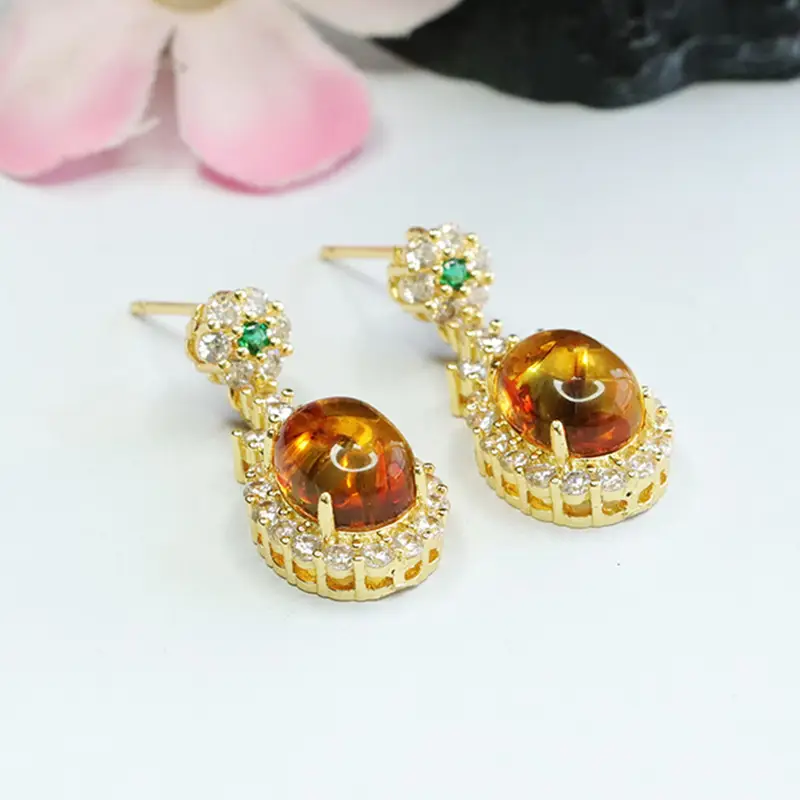 Guan Yu Natural Amber Clover Earrings Drop Earrings - Image 5