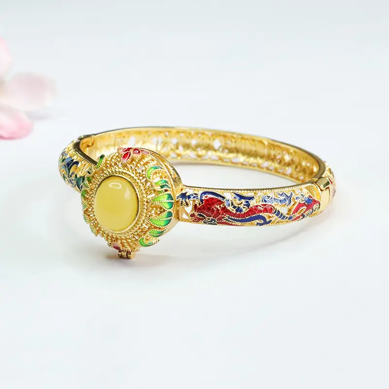 Guan Yu Dragon Phoenix Bracelet with Natural Amber - Image 4