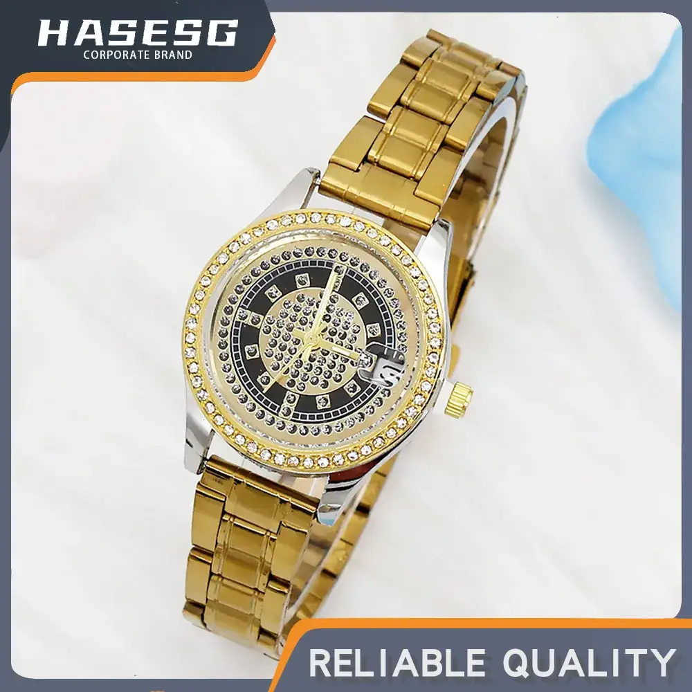 Women's Full of Diamonds Wristwatch Silver Gold Dial - Image 8