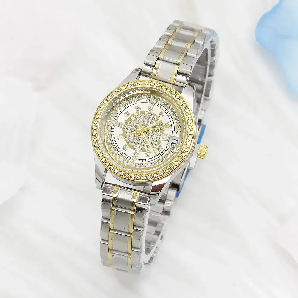 Women's Full of Diamonds Wristwatch Silver Gold Dial - Image 2