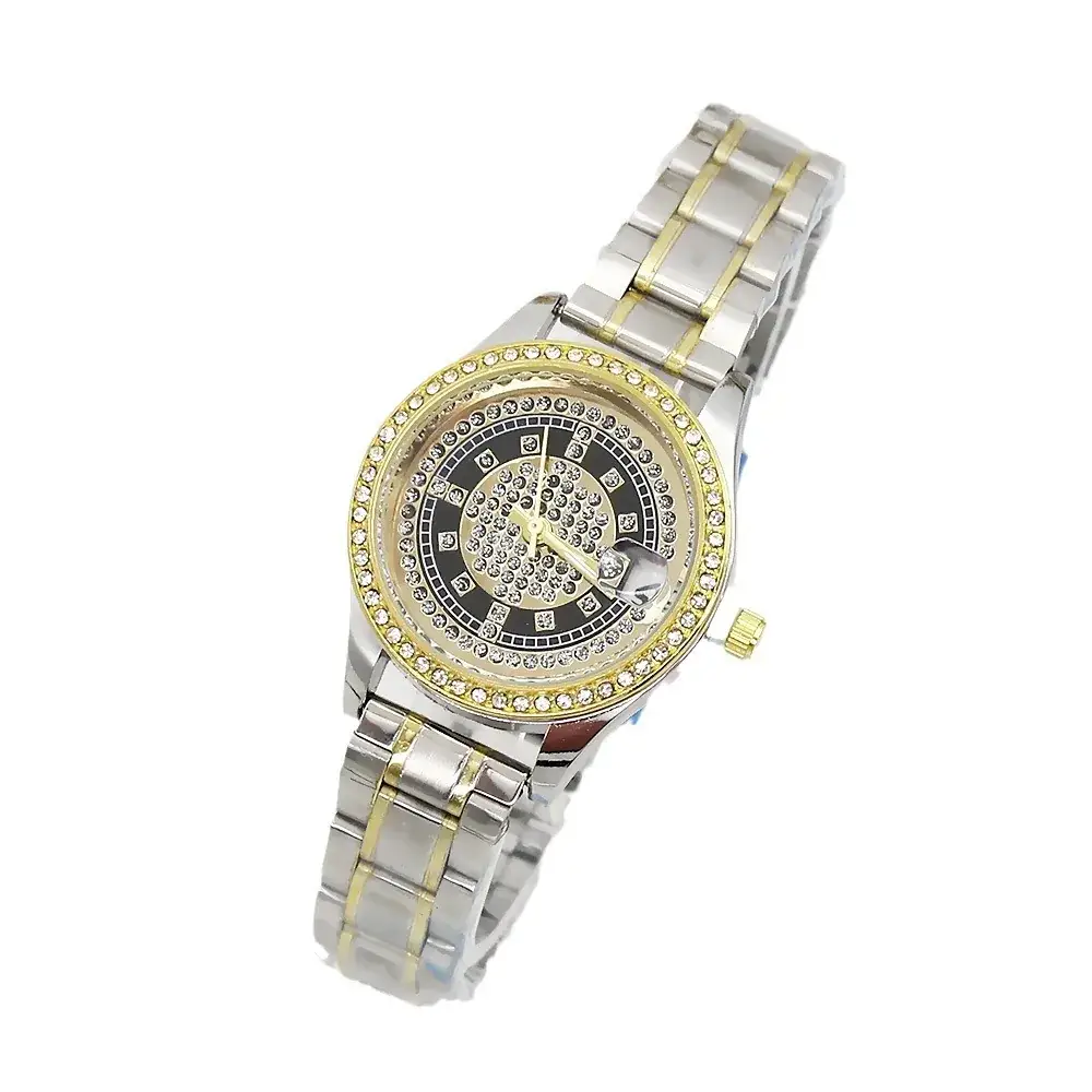 Women's Full of Diamonds Wristwatch Silver Gold Dial - Image 9