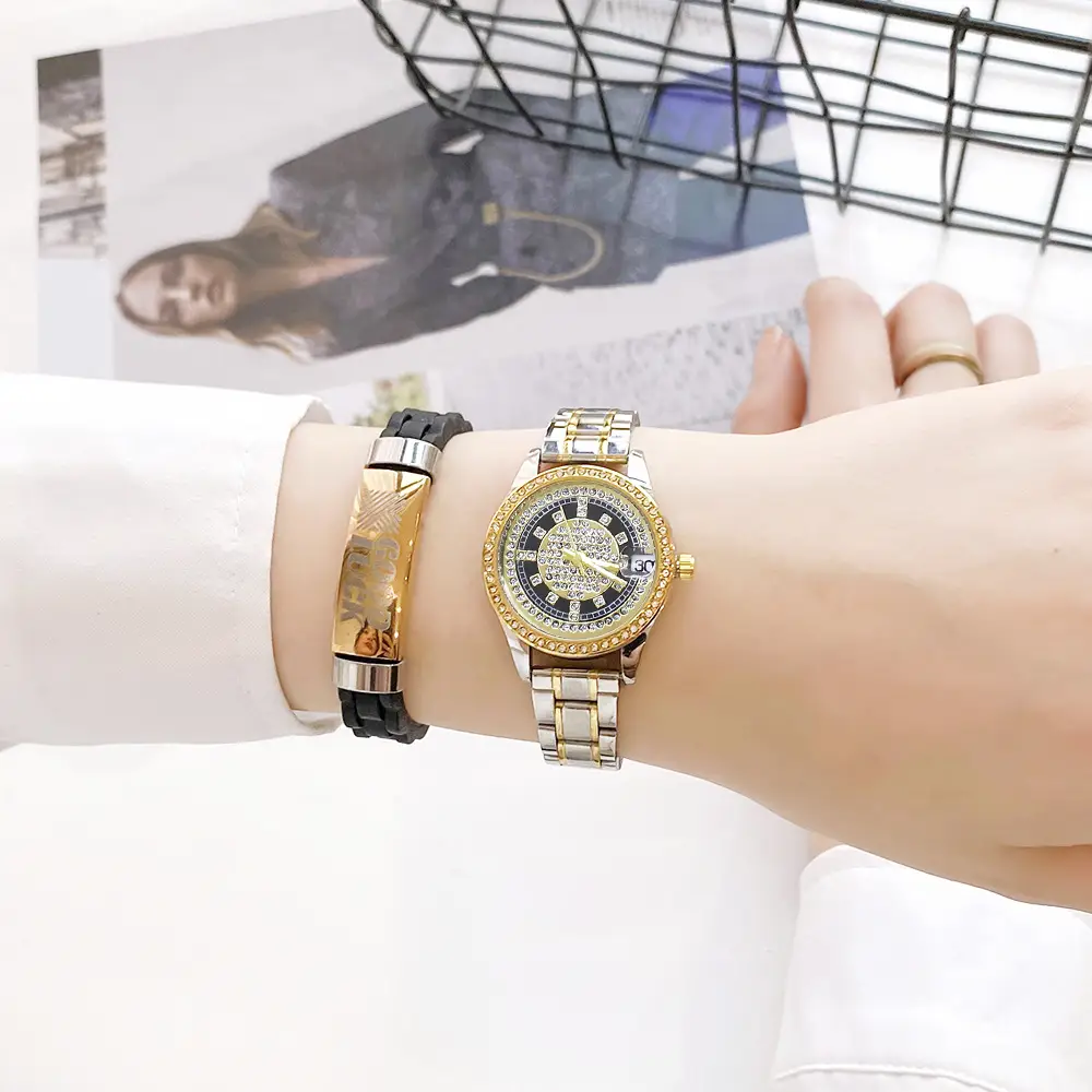 Women's Full of Diamonds Wristwatch Silver Gold Dial — feature 13